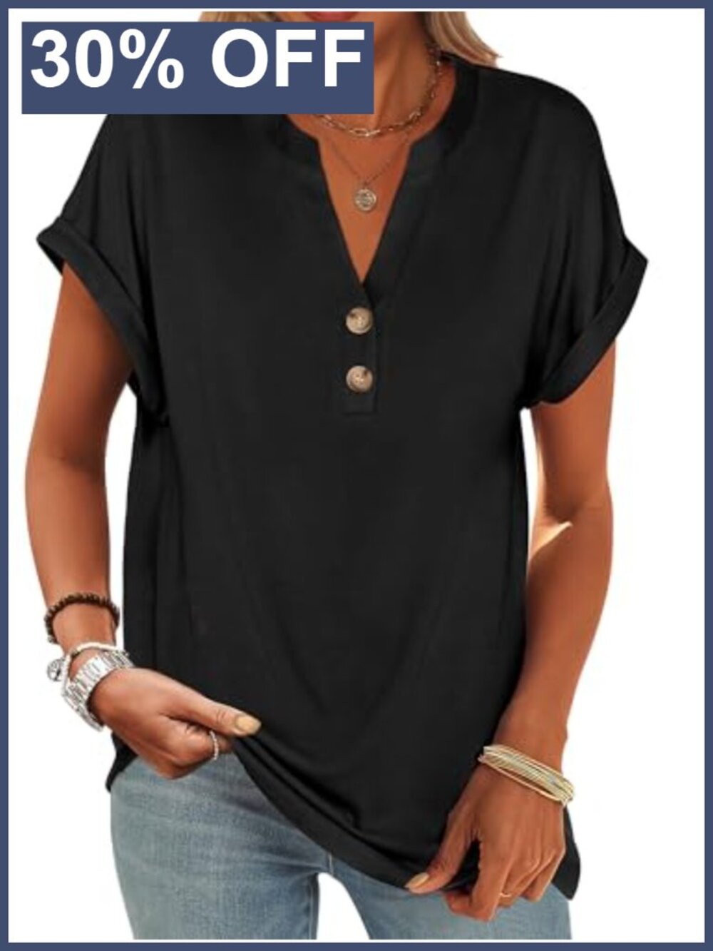 Womens Short Sleeve Henley V Neck Loose Fit Tunic Top Casual Blouse
